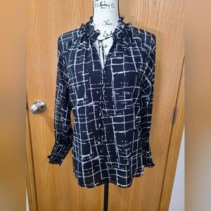 Calvin Klein black and White Grid plaid windowpane print chiffon high neck top